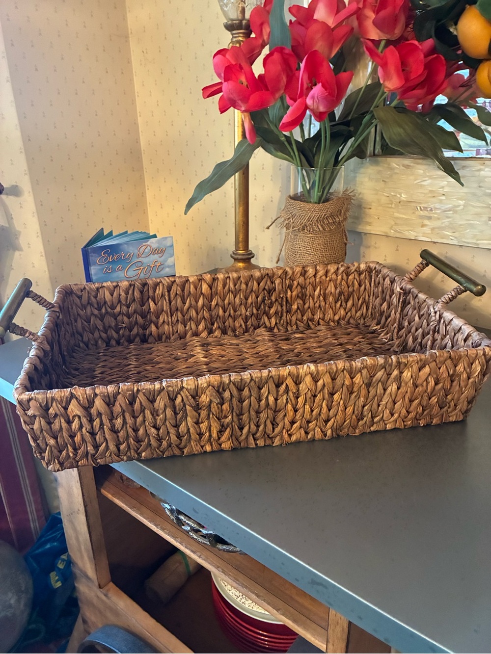 1 Rectangular woven BROWN Seagrass storage tray basket / Metallic GOLD handles.